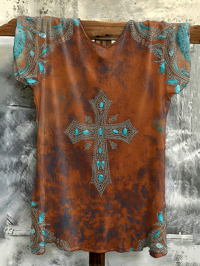 Women'S Casual Retro Western Faith Printed Short Sleeved T-Shirt