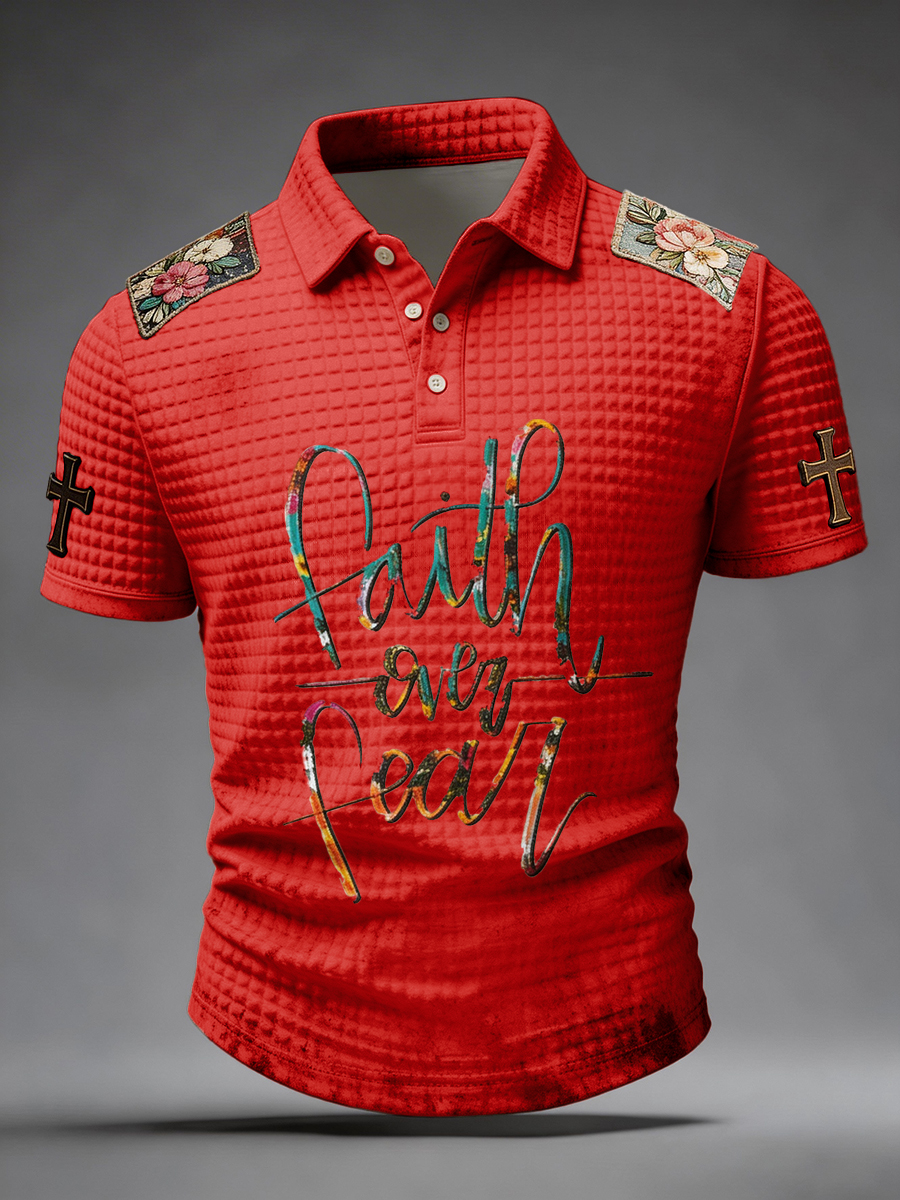 Faith Over Fear Floral Patch Waffle Knit Polo Shirt