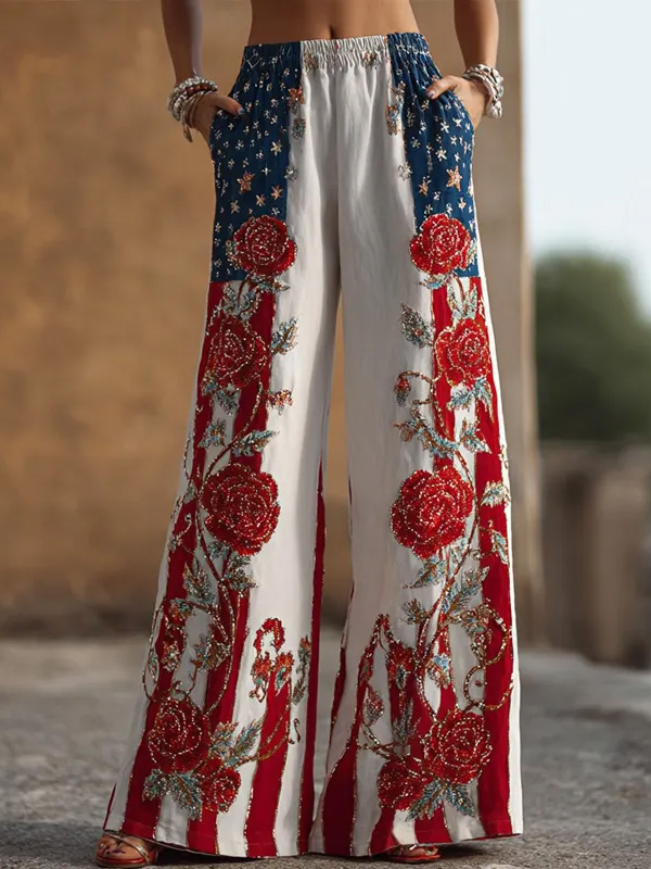 Women's Red Floral Stars and Stripes Print Casual Pants