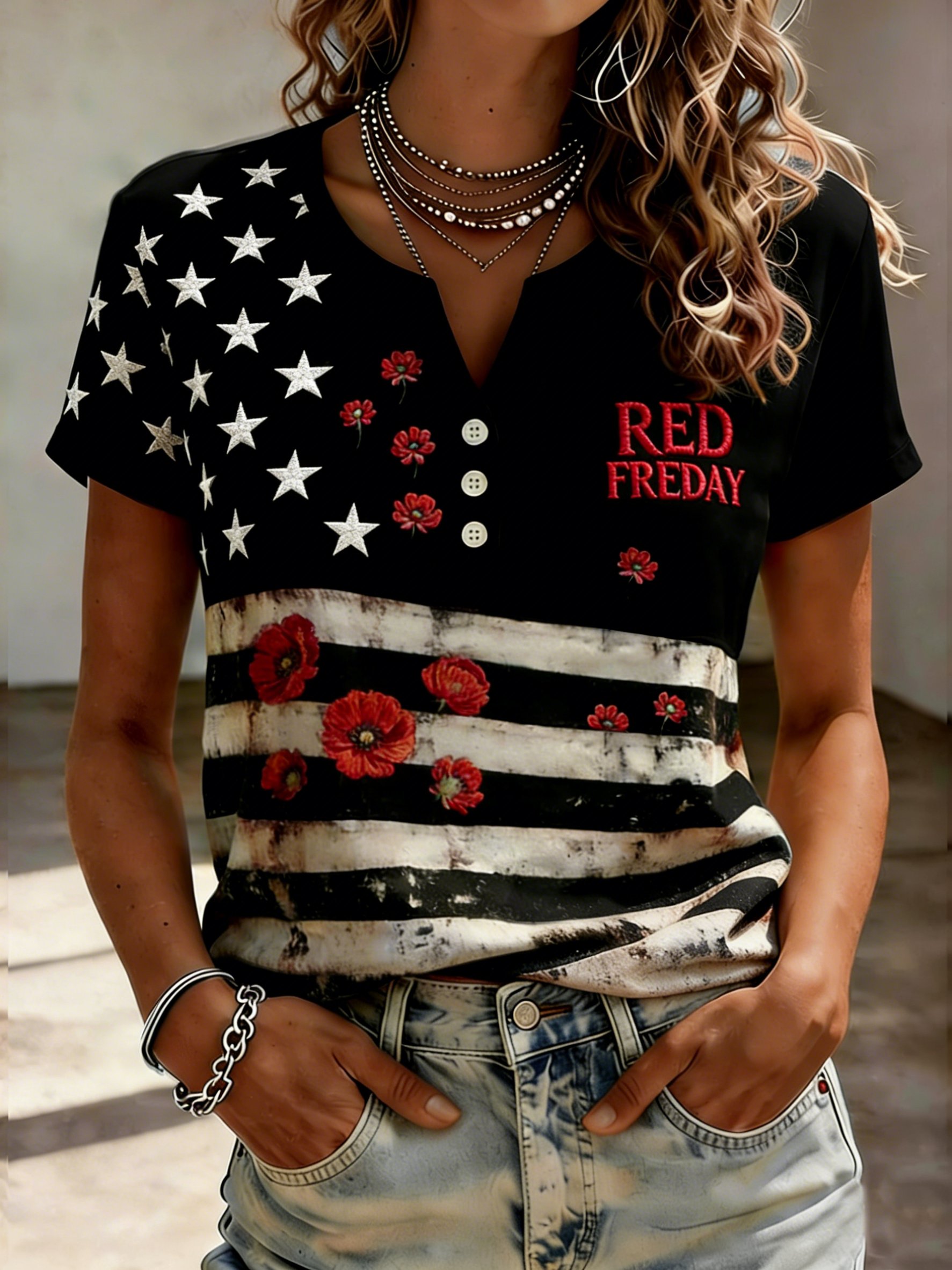 Women's Red Friday Print Casual Crew Neck Top