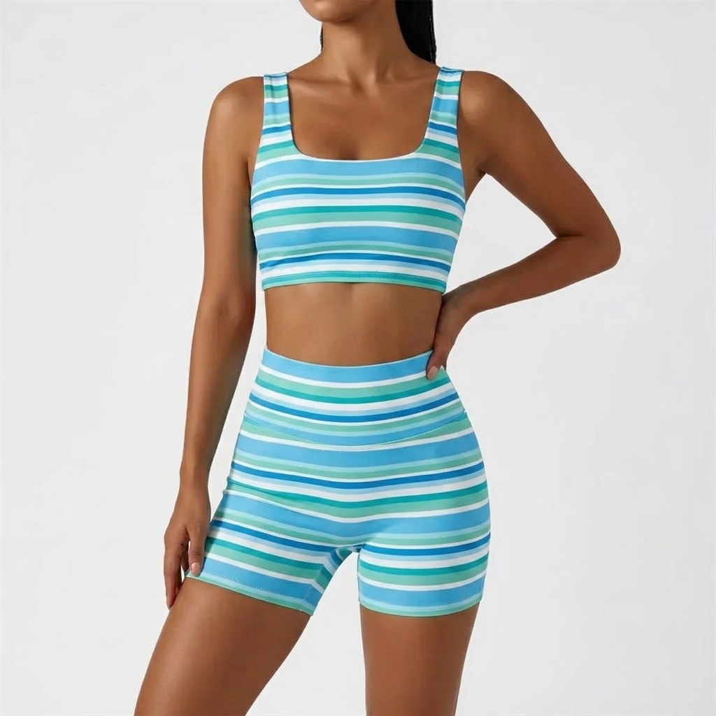 Women’s Rainbow Stripe 2 Piece Workout Set Sleeveless Crop Tank Top High Waist Biker Shorts Matching Lounge Outfit