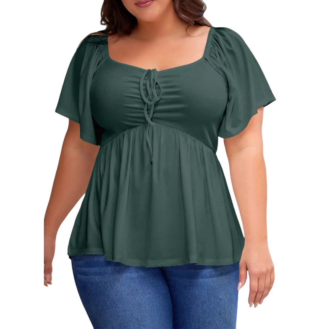 Women Plus Size Sweetheart Neck Short Sleeve Shirred Peplum Rib Blouse Tops Shirts