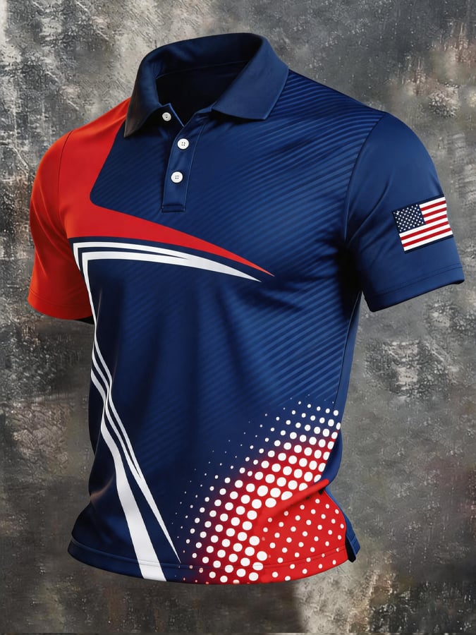 Men's Retro Patriotic Color-Block Short-Sleeve Polo Shirt