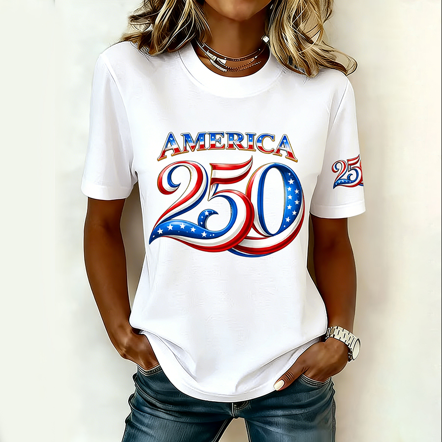 Ladies' Casual American Celebration Round Neck Short Sleeved T-Shirt