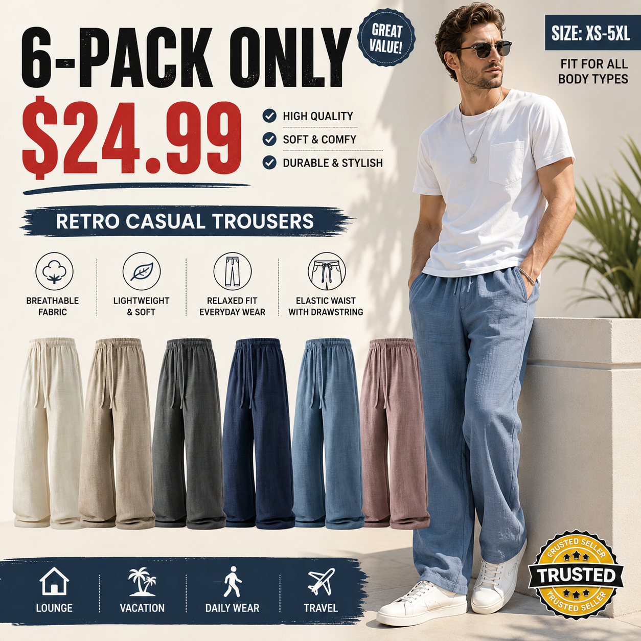 Limited-Time 9-Piece Set – Unisex summer lightweight casual retro pants