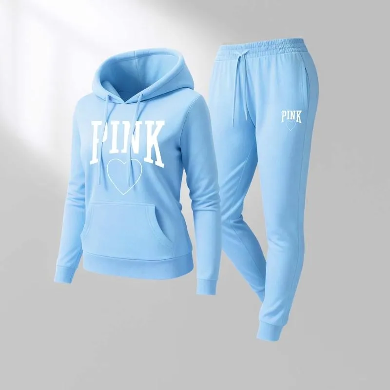 Women's Pink Heart Print Hair And Sunglasses Hoodie And Drawstring Track Pants Set