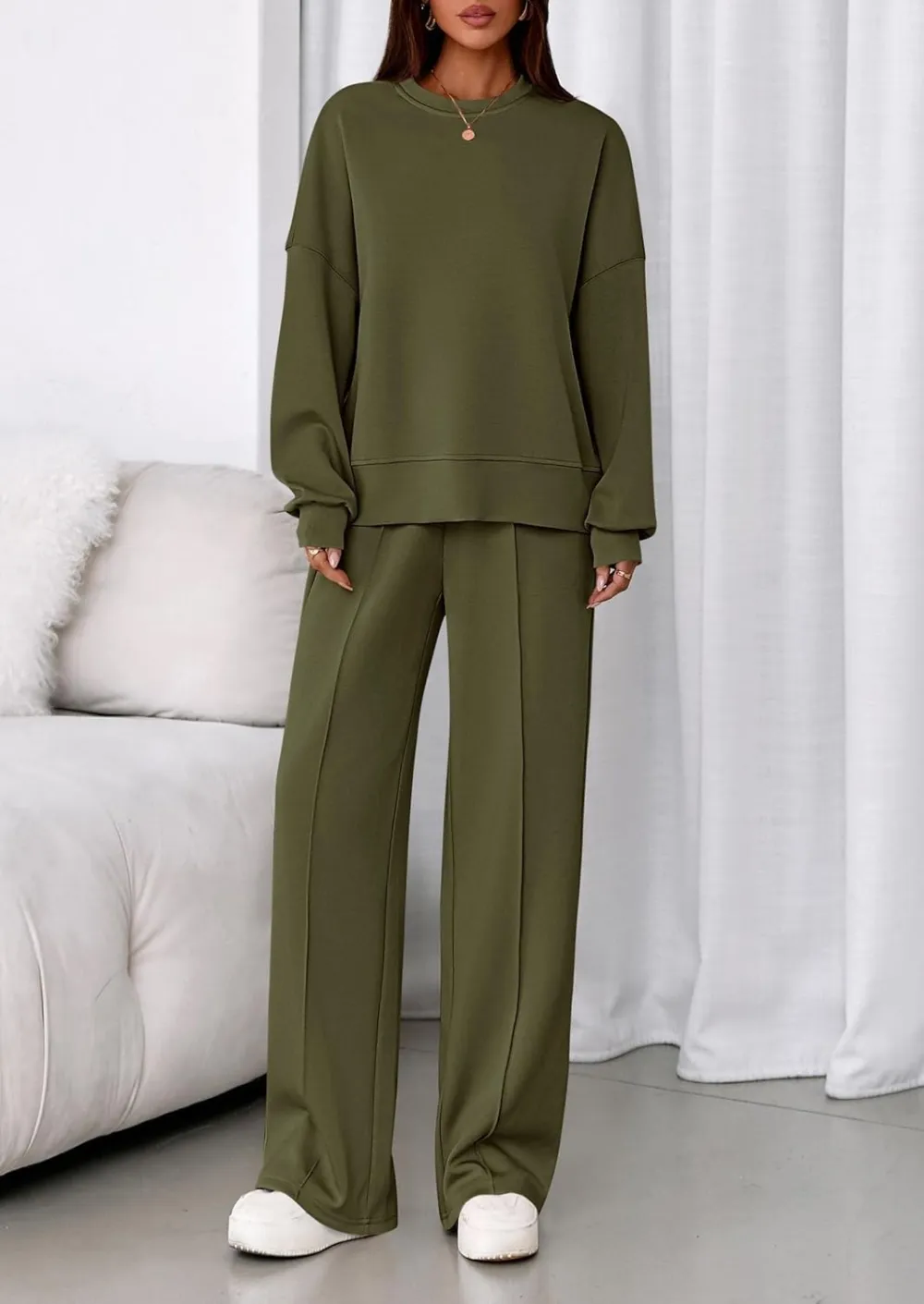 2 Piece Sets For Women Fall Trendy Long Sleeve Sweatshirt Wide Leg Pants Loungewear