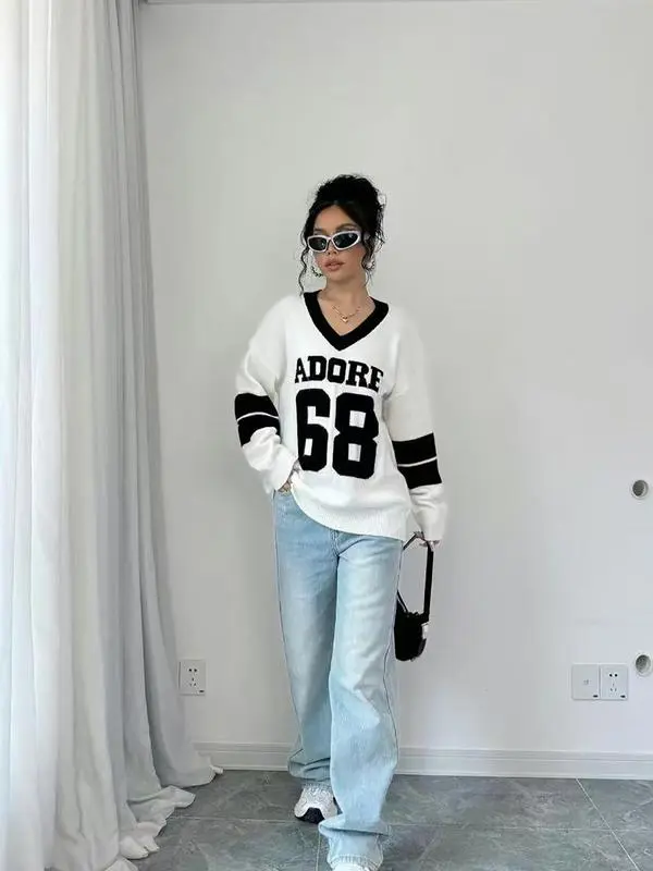 Autumn Winter Color Block V Neck Sweater for Women