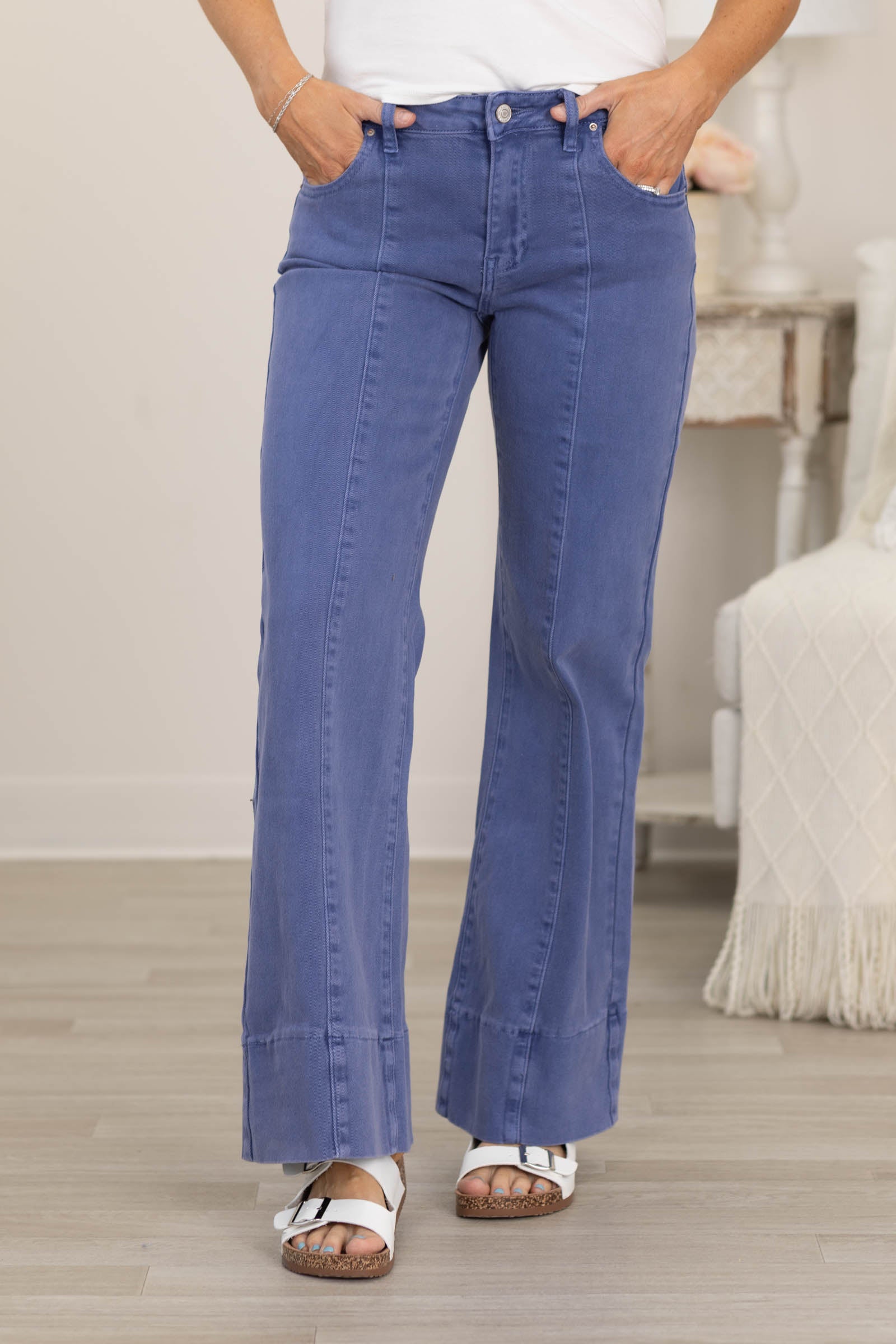 Mid Rise Wide Leg Color Denim Pants