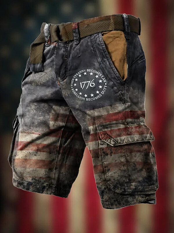 Men's 1776 Distressed American Flag Art Print Denim-Like Casual Shorts