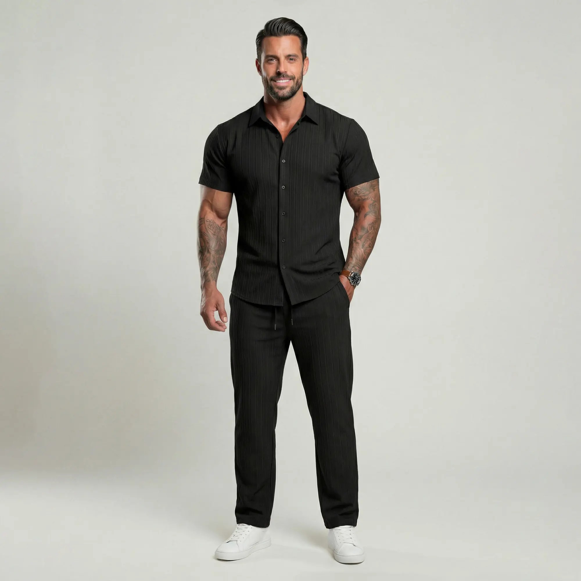 Men's Maroon Button-Front Shirt & Drawstring Pocket Trousers Set