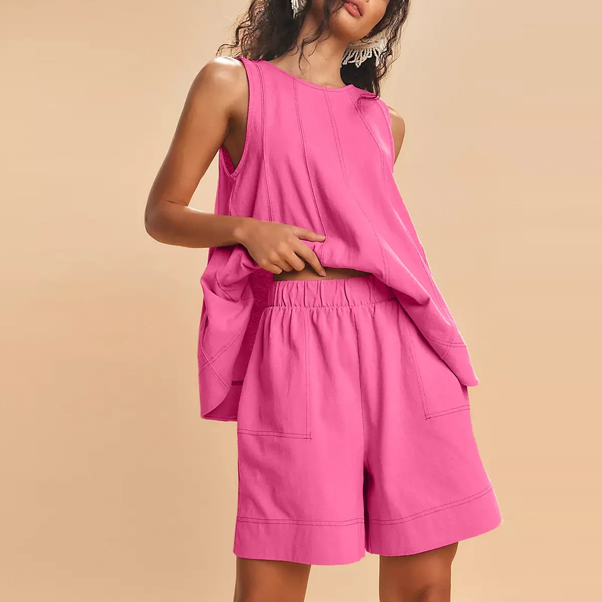 Women's Cotton Two Piece Outfit - A-Line Tank & High-Waist Shorts