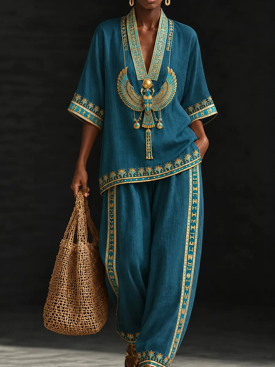 Teal Egyptian-Inspired  Kaftan Set with Gold Sacred Wings Necklace Detail