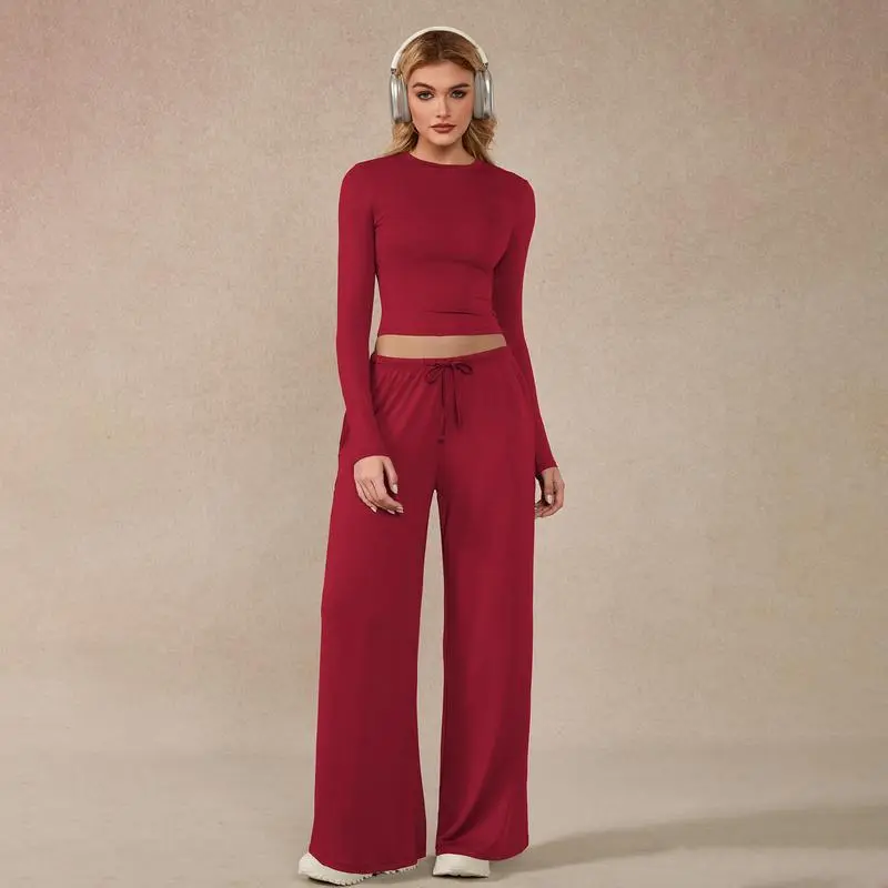 Women's 2-Piece Long-Sleeve Top & Wide-Leg Pants Activewear Set