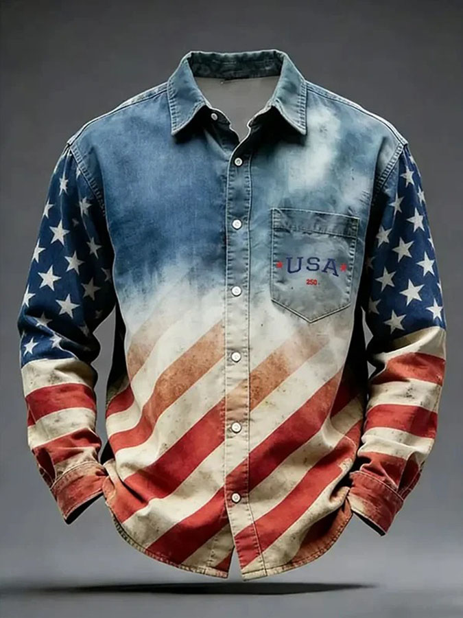 Men's Retro 250th Anniversary Independence Day Flag Printed Casual Shirt