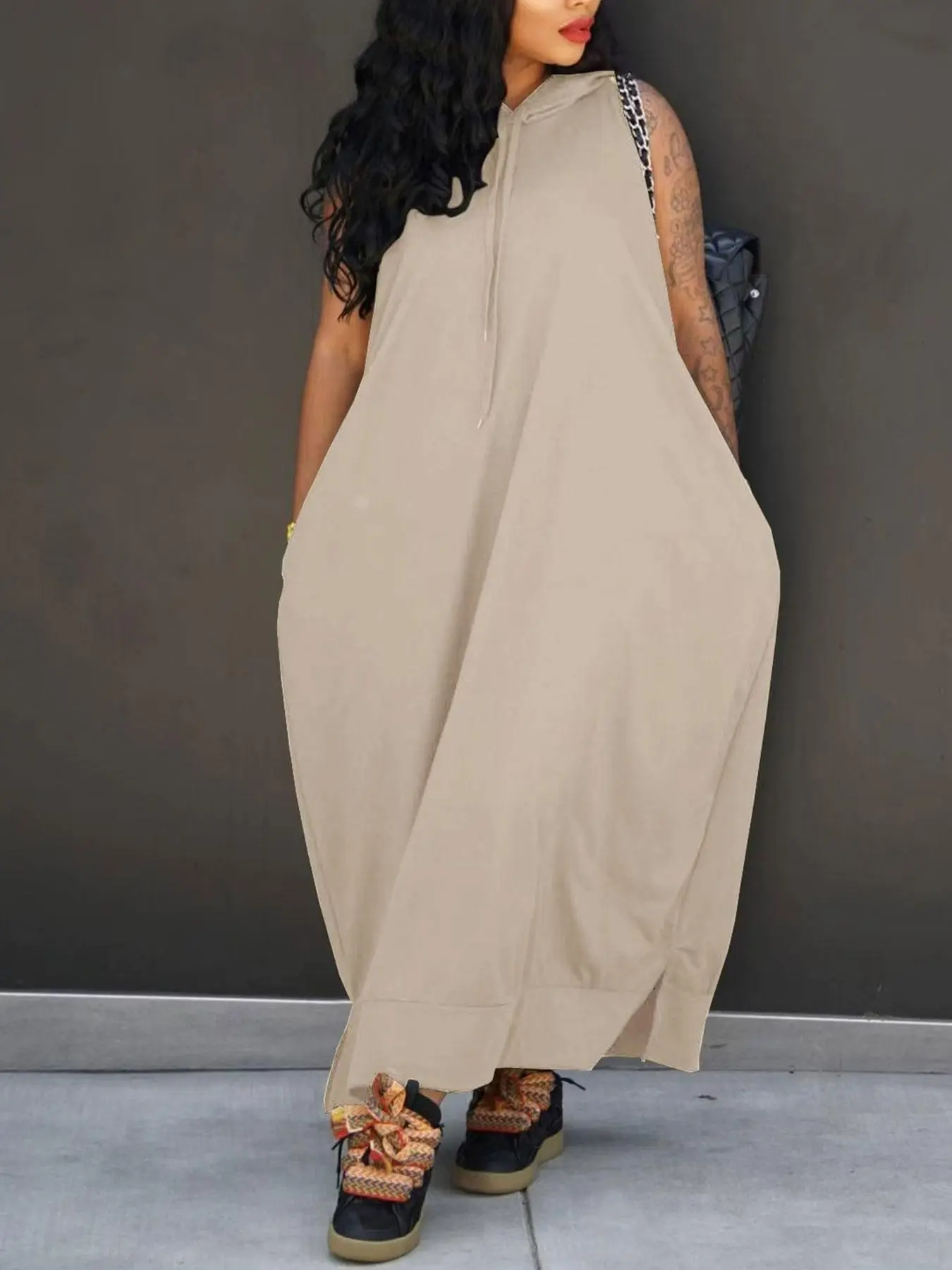 Women's Plain Drawstring Hoodie Tank Dress with Pocket for Summer