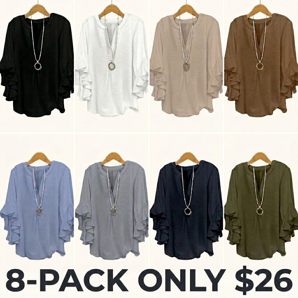 Plus-size women's V-neck blouse with ruffle sleeves and an elegant floral print