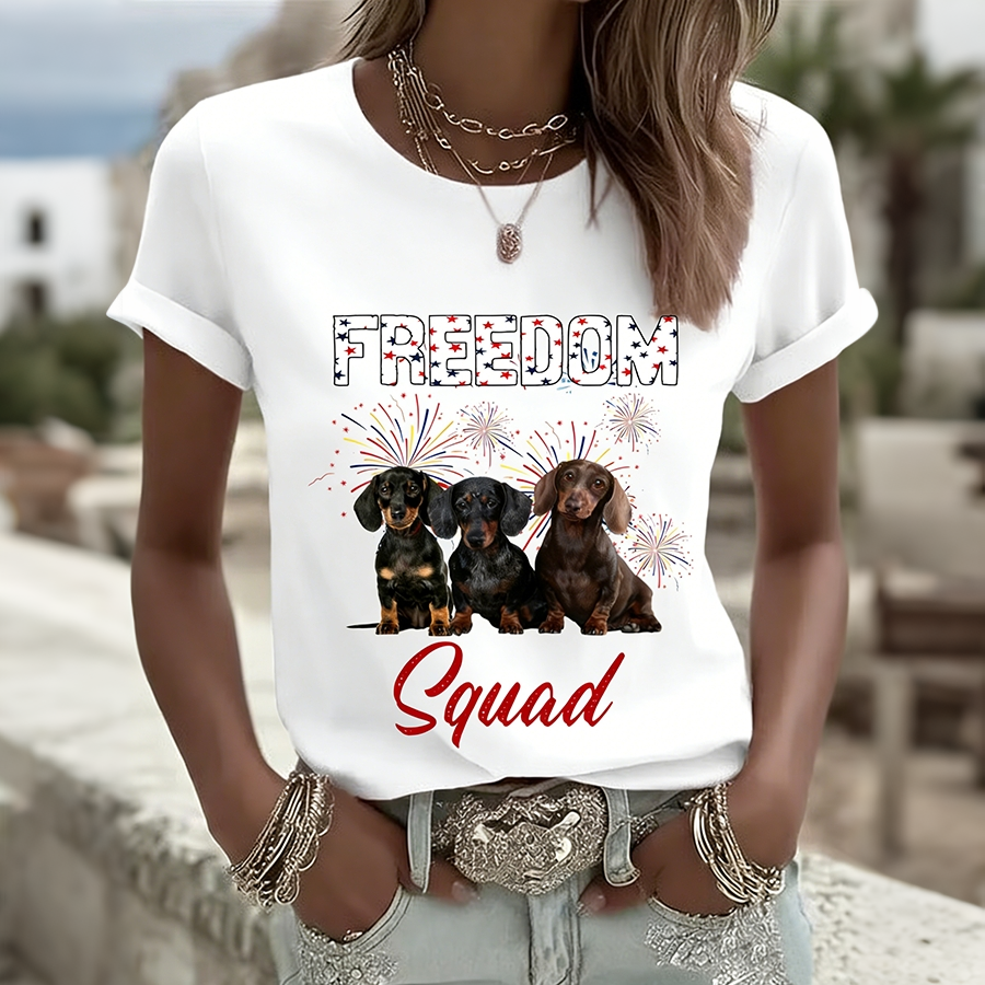 Ladies' Casual American Flag Printed Round Neck Short Sleeved T-Shirt