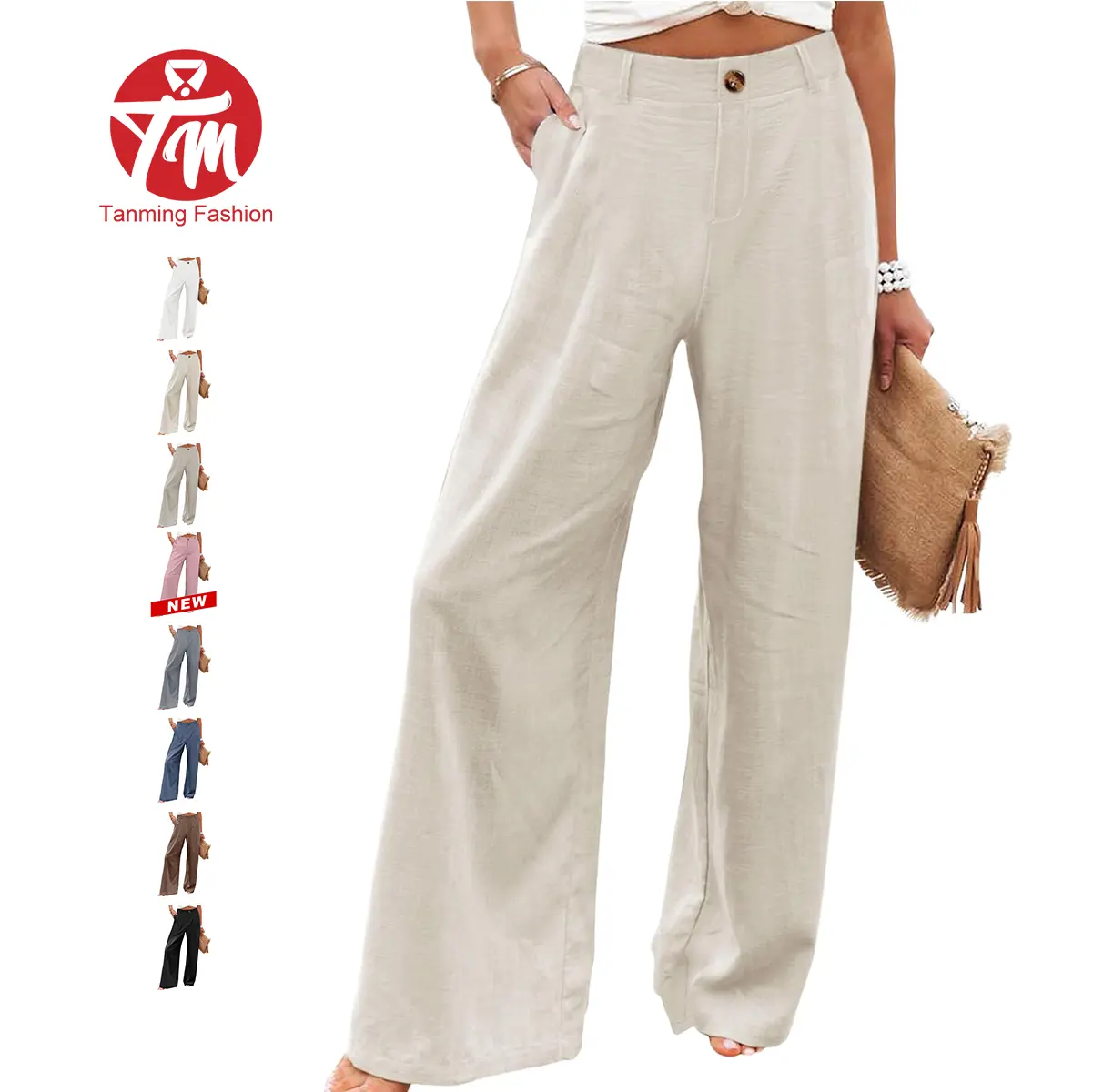 Tanming Women's Cotton Linen Bottoms - High-Waisted, Wide-Leg, Button-Up Pants, Minimalist Basic Breathable Fabric, Casual Loose Comfy Summer Beach Trousers