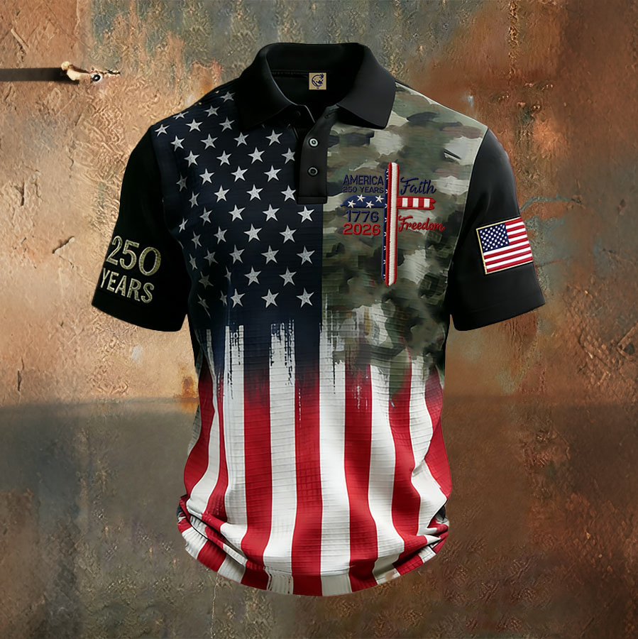 Men'S Independence Day Retro Casual Printed Polo Shirt Short Sleeve