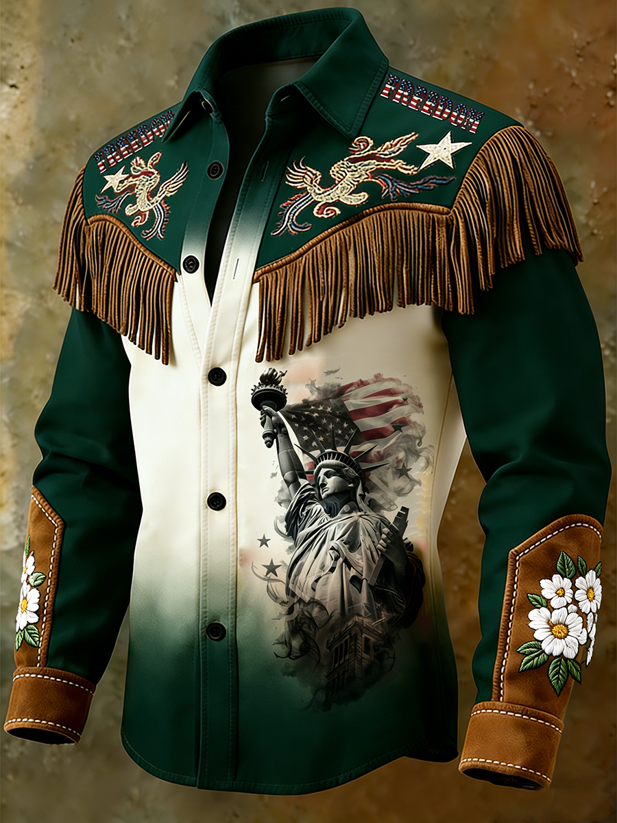 Men'S Retro Patriotic Casual Statue Of Liberty Printed Western Fringe Shirt