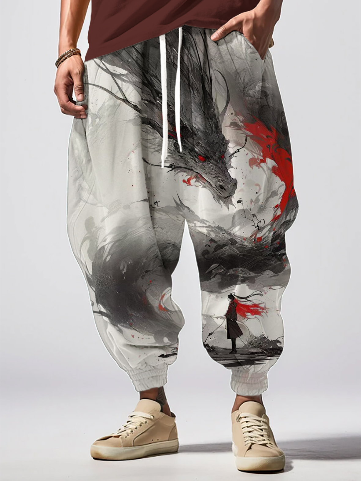 Men's Japanese Dragon Warrior Ink Painting Art Print Loose Drawstring Waist Sweatpants