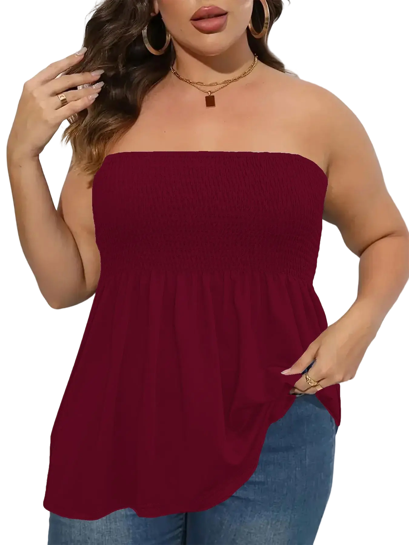 Plus Size Solid Ruffle Hem Shirred Tube Top, Boho Fashion Chic Style Tops, Lady Strapless Top, Womenswear, Casual Sleeveless Strapless Black Top