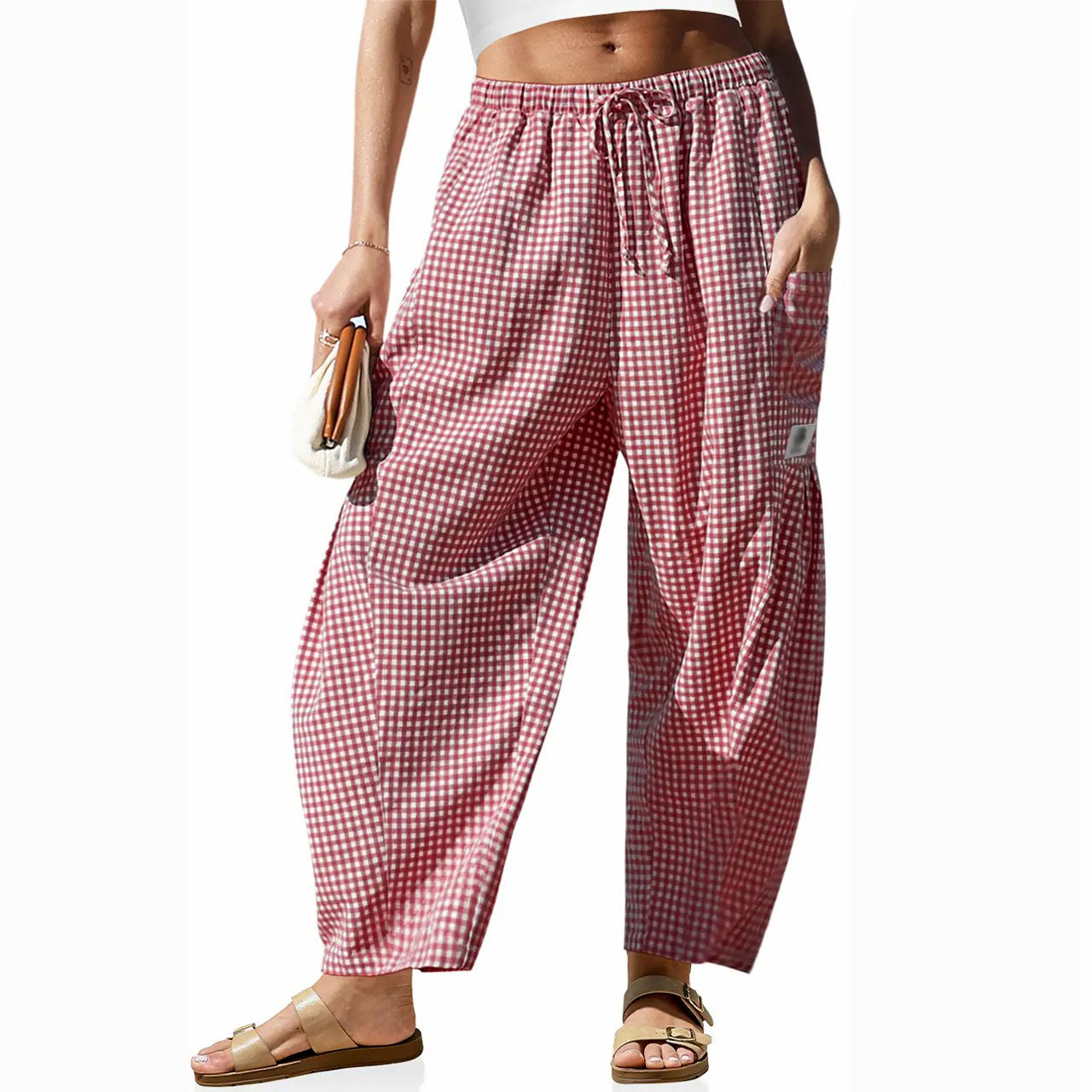 Women's Gingham Striped Wide Leg Pants – Low Waist Drawstring Palazzo with Pockets