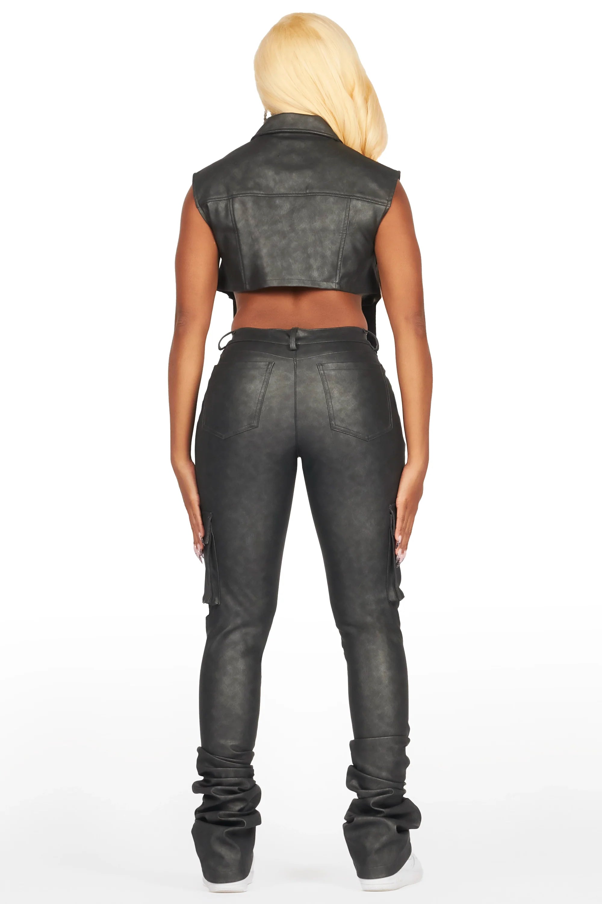 Kiedra Black Cargo Faux Leather Vest