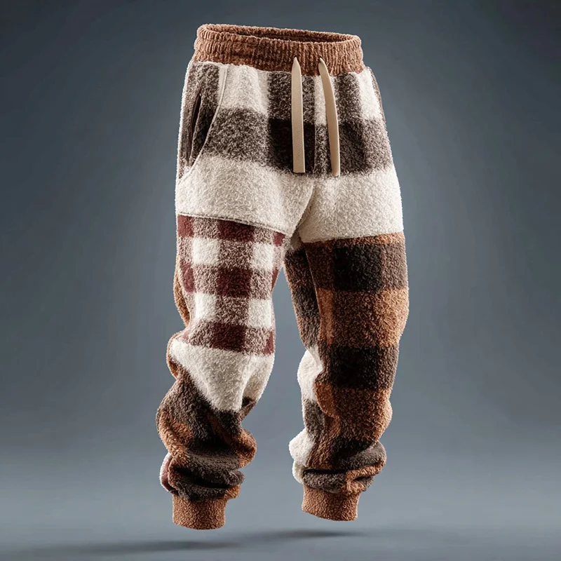 Men's Colorblock Plaid Art Print Loose Drawstring Waist Flannel Pants