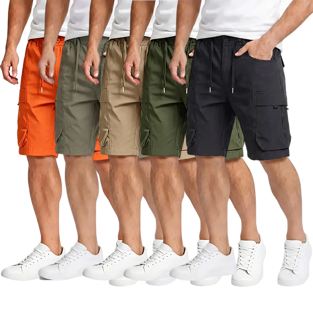 Men’s casual cargo shorts with zippered pockets and a buttoned placket