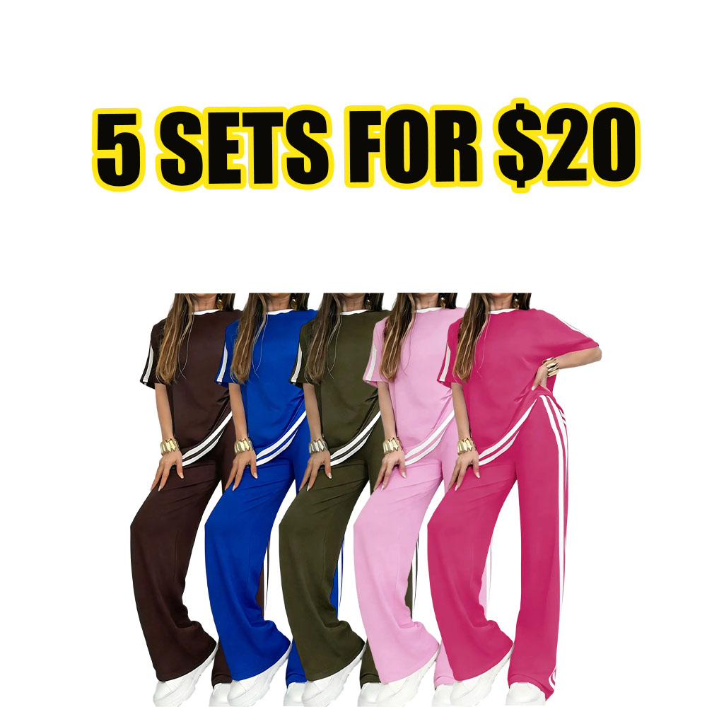 Women’s Casual Sport Two-Piece Set – Short Sleeve Split Hem Top & Striped Wide Leg Pants Outfit-
