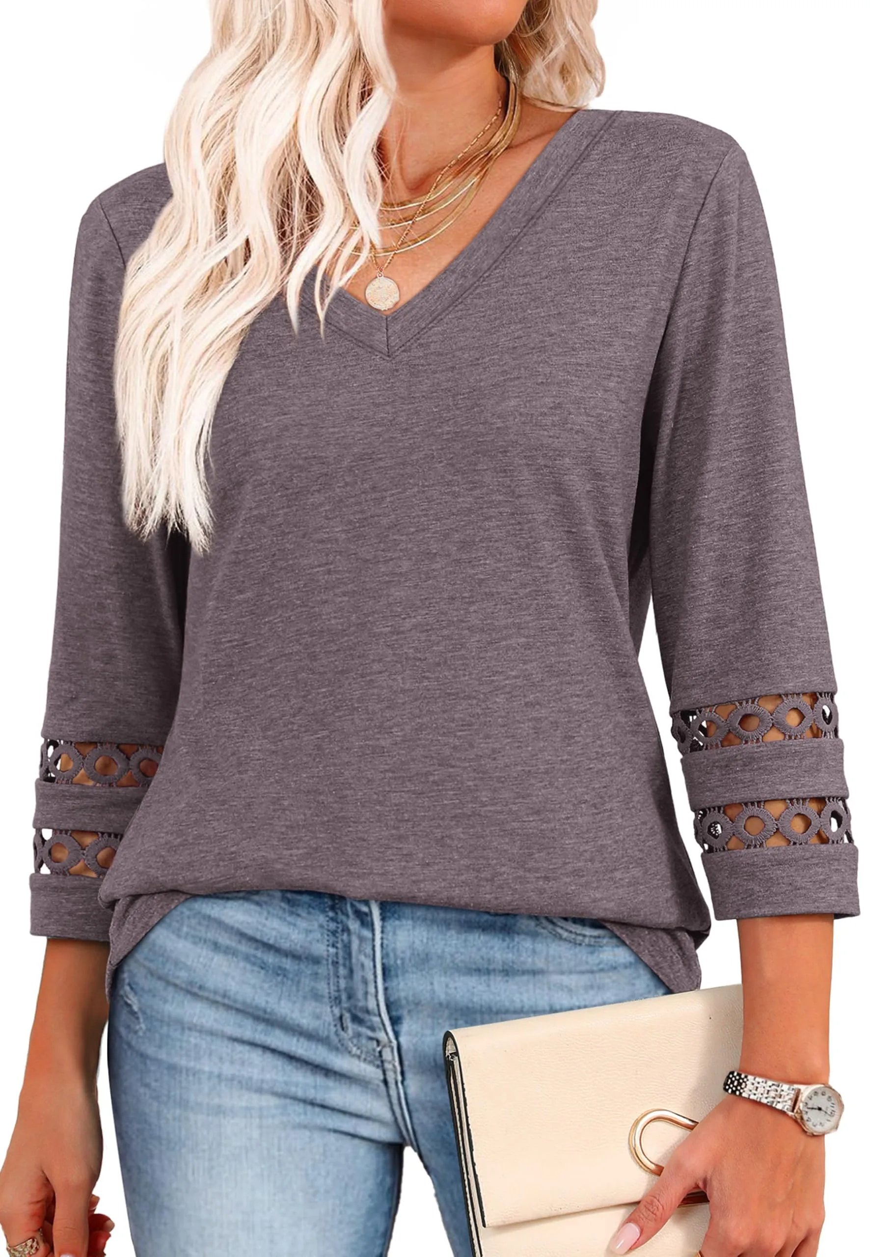 2025 New Womens 3/4 Length Sleeve Tops Trendy V Neck T Shirts