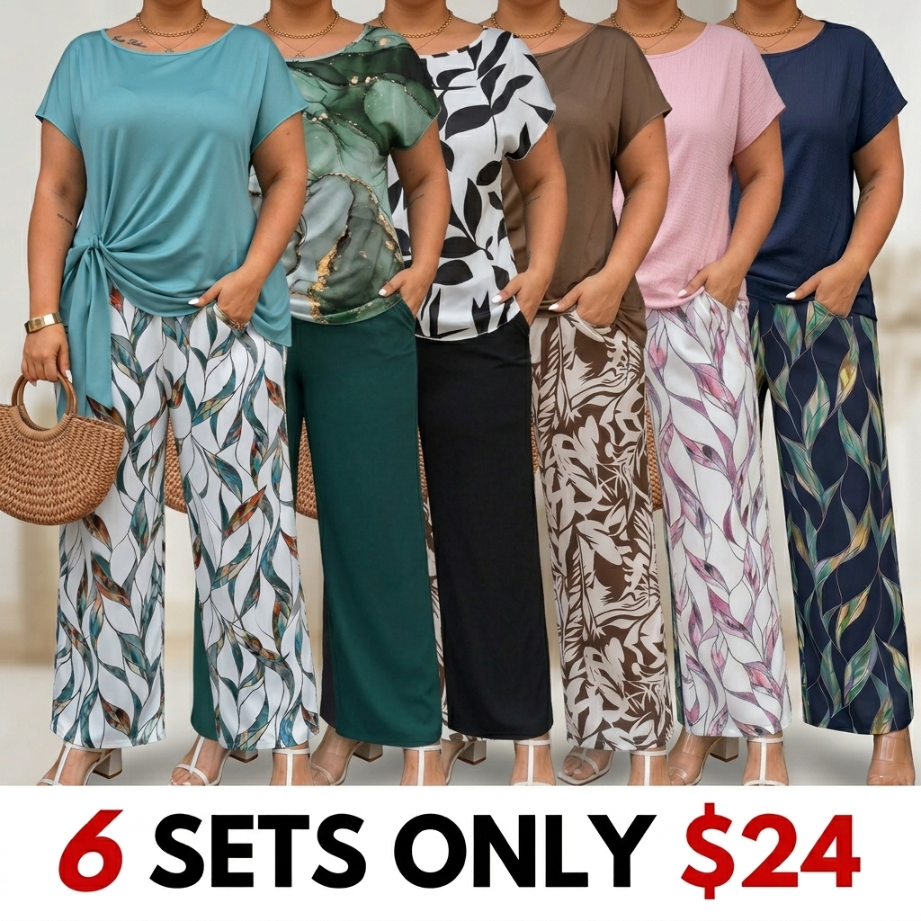 Women’s Casual Knot Front Top & Printed Wide Leg Pants Set