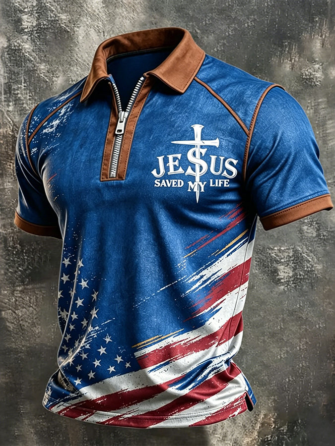 Men's Jesus Saved My Life USA Flag Christian Zip Polo Shirt