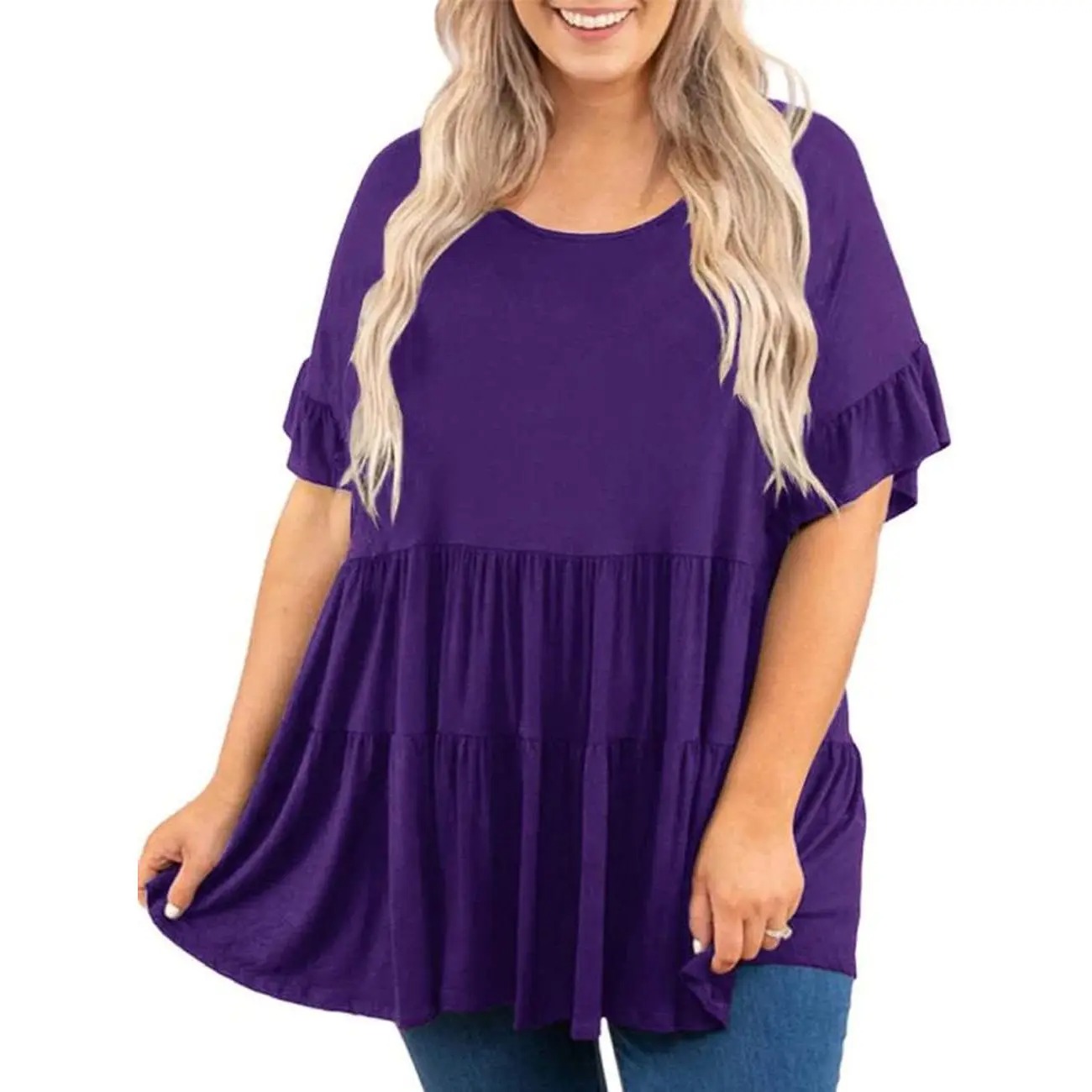 Women's Plus Size Ruffled Shirt Tops Summer Short Sleeve Loose Blouse Tunics