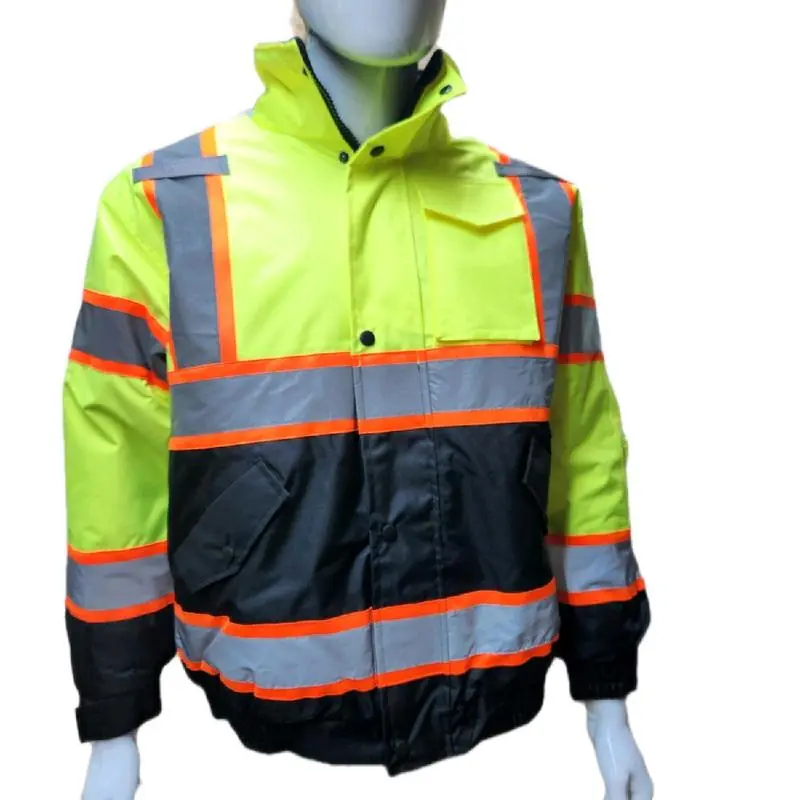 High Visibility Water Resistant Bomber Safety Jacket with Hoodie / Reflective Safety Sherpa Insulated Jacket