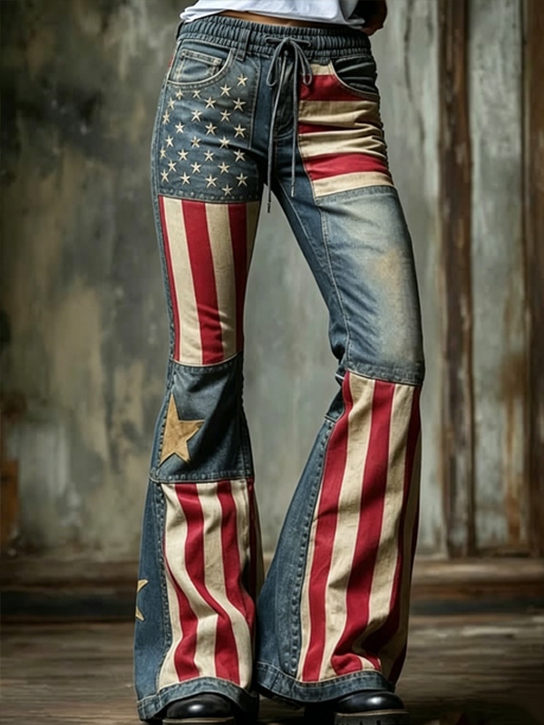 Women's Vintage American Flag Star And Stripe Patchwork Print Casual Wide Leg Pants