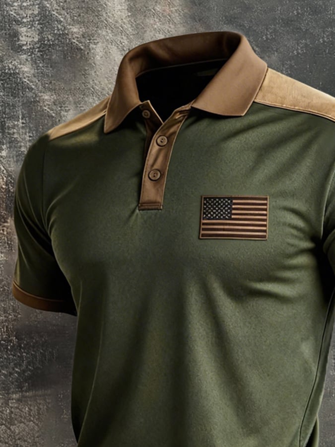 Men's Retro Patriot Color Block Polo Collar Short Sleeve