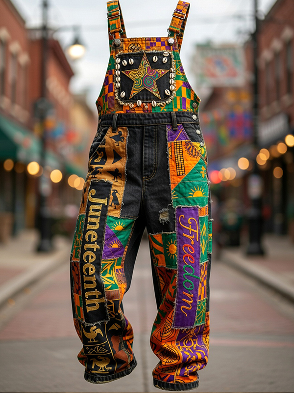 Men's Juneteenth Freedom Print Patchwork Overalls Jumpsuit