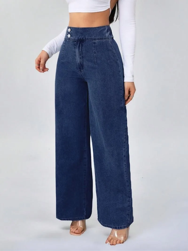 Women's vintage elegant high-waisted wide-leg jeans