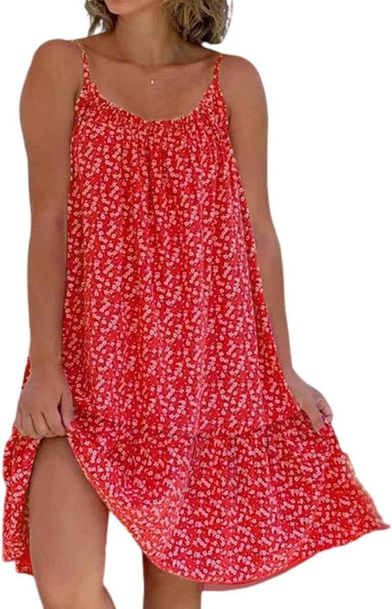 Summer Pink Cami Bloom Dress for Women,Pink Sundress,Boho Sun Beach Dresses,CamiBloom - Floral Printed Camisole Dress