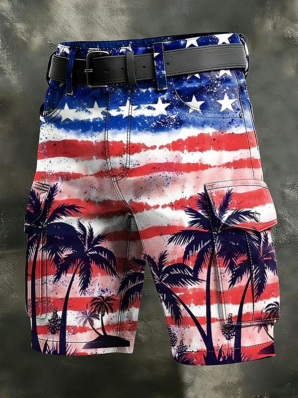 Men's Tropical Palm Tree American Flag Tie-Dye Art Print Denim-Like Casual Shorts