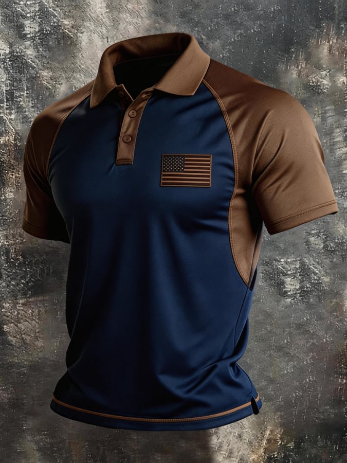 Men's Retro Patriot Color Block Polo Collar Short Sleeve
