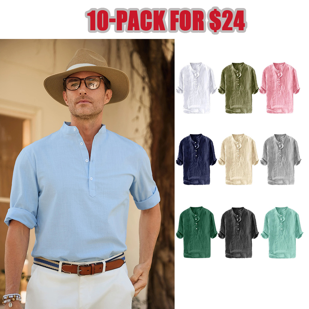 Mens 70% Cotton 30% Linen Shirts Casual Cotton 3/4 Sleeve Regular-Fit Henley T-Shirt Summer Lightweight Beach Yoga Tops