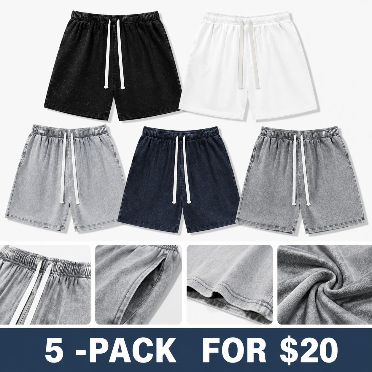 Men’s Vintage Acid Wash Cotton Sweat Shorts – Casual Athletic Drawstring Pocket Shorts