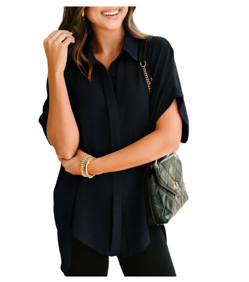 Women's Tops Dressy Casual V Neck Button Down Shirts Solid Short Sleeve Blouses Oversized Fit