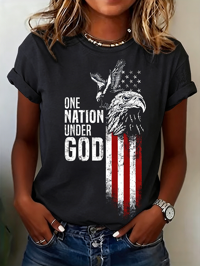 Ladies' Casual American Flag Printed Round Neck Short Sleeved T-Shirt