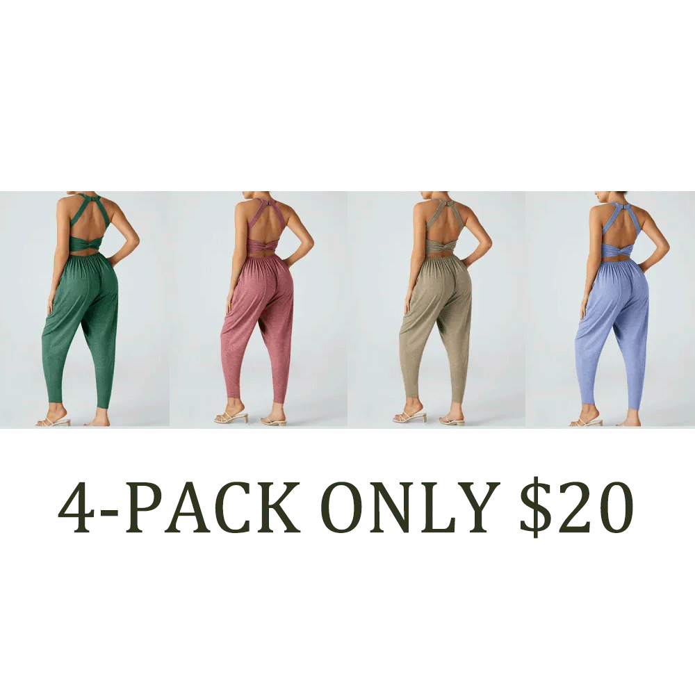 🔥💝Women's Backless Twisted U-Neck Harem Jumpsuit with Pockets