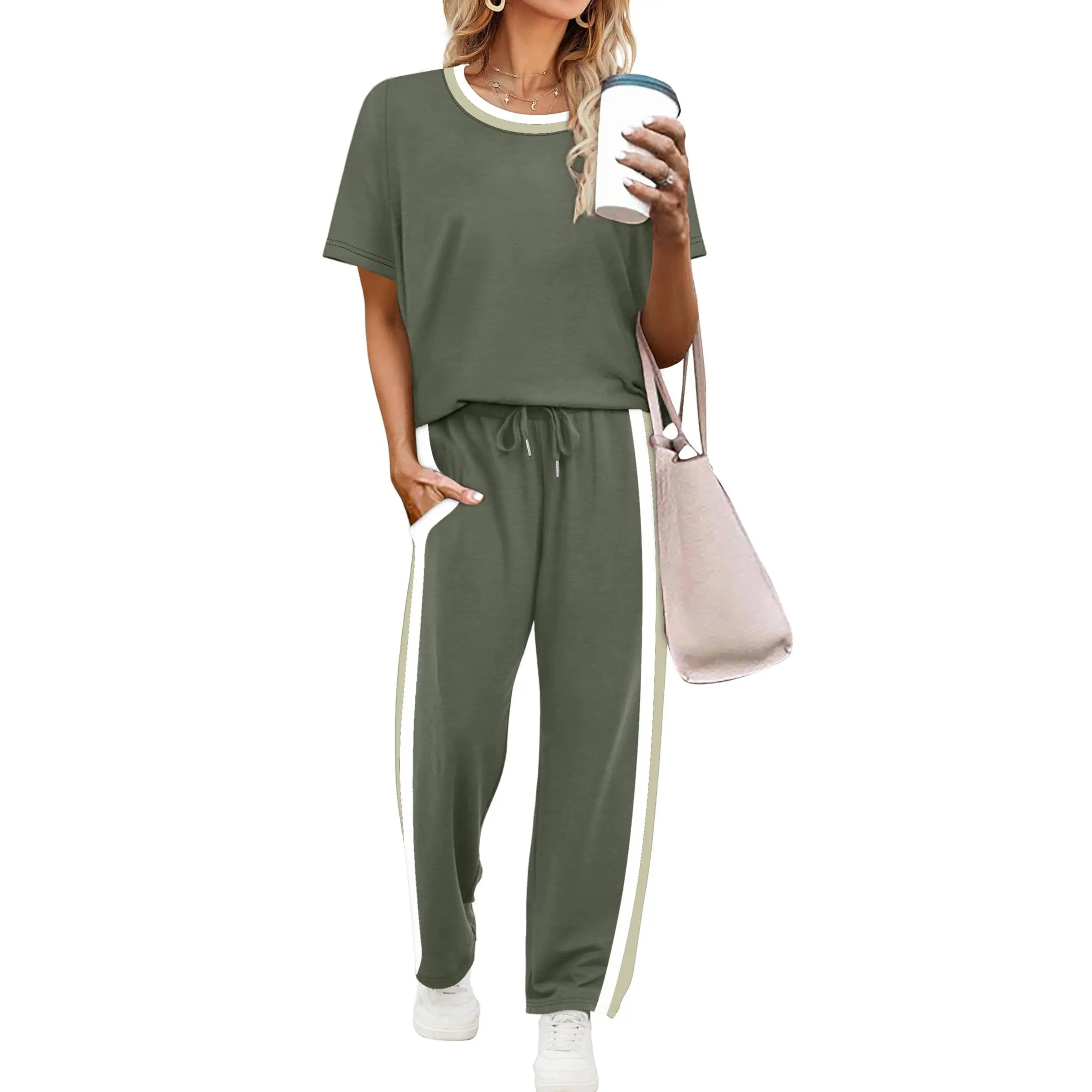 2 Piece Lounge Sets for Women Matching Set Summer Outfits Short Sleeve Tops Wide Leg Pants with Pockets